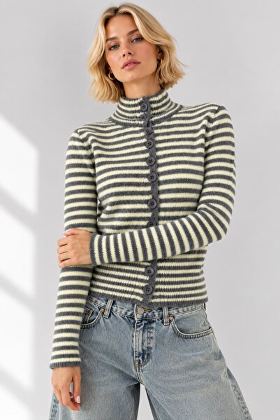 Noi Belis Dik Yaka Düğmeli Çizgili Slim Fit Uzun Kollu Yumuşak Dokulu Triko H...