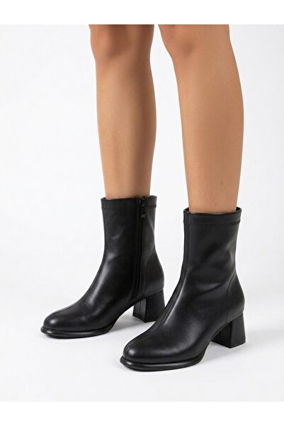 ERWAD SHOES Siyah Cilt Bot Yuvarlak Burun 5cm Topuk Boyu