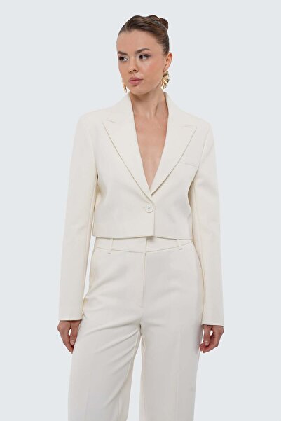 Thalure Kadın Ekru Düğmeli Slim Fit Crop Blazer