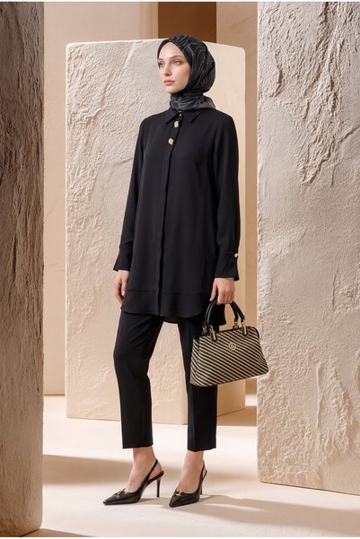 Armine TREND Gold Button Detailed Classic Collar Long Hijab Tunic 91 cm Length Black 26Kt426