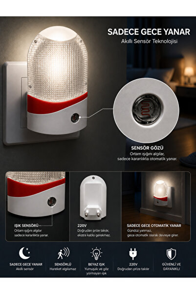 kialed Kırmızı Sensörlü LED Gece Lambası 220V Prize Takılan Otomatik Gece Yan...
