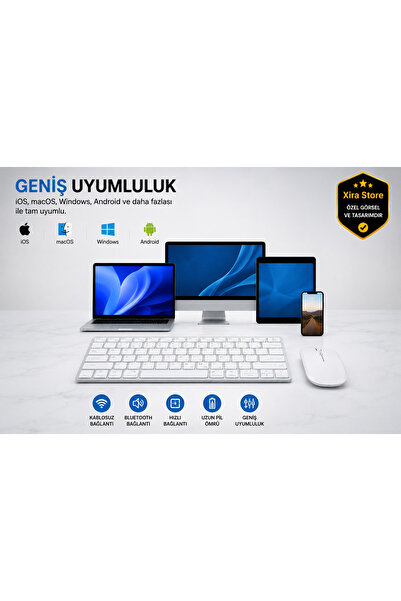 XİRA Kablosuz Klavye Mouse Seti – Bluetooth Çoklu Cihaz Bağlantılı, iOS Android Windows MacOS Uyumlu, Ultra İnce Sessiz Klavye