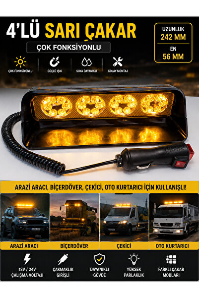 EP GARAJ OTOMOTİV UNİVERSAL 4'lü Sarı Çakar Lamba Çok Fonksiyonlu Çakmaklık G...