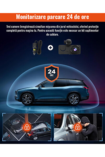 Viacare Cameră Auto DVR 3 Canale 4K + 1080P, Față, Interior și Spate, Ecran IPS 2", G-Sensor, Înregistrare în Buclă, Monitorizare Parcare 24H
