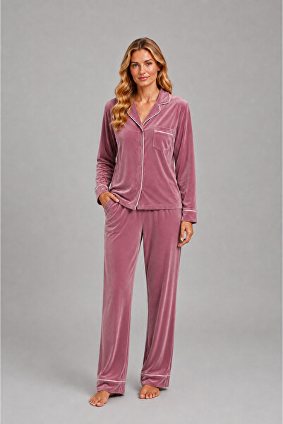 Pijamask Kadın Kadife Düğmeli Uzun Kollu Pantolonlu Pijama Takımı
