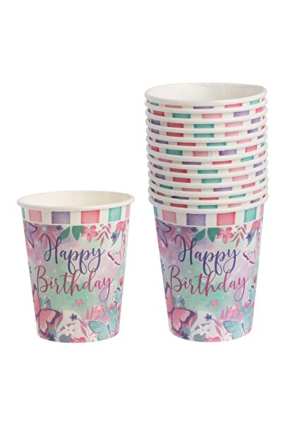 CATIANO Pahare din Carton de Petrecere Albe Roz Verde Menta Fluturi "Happy Bi...