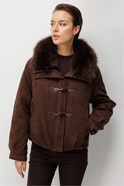 Ekol Fur Collared Suede Coat 7903