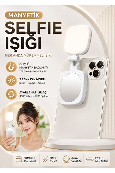 asua Şarjlı Manyetik LED Selfie Işığı Aynalı 3 Renk Modlu Telefon Uyumlu Maky...