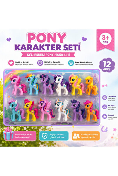 admay Pony Temalı Karakter Figür Seti 12'li Renkli At Oyuncakları Çocuk Oyunc...