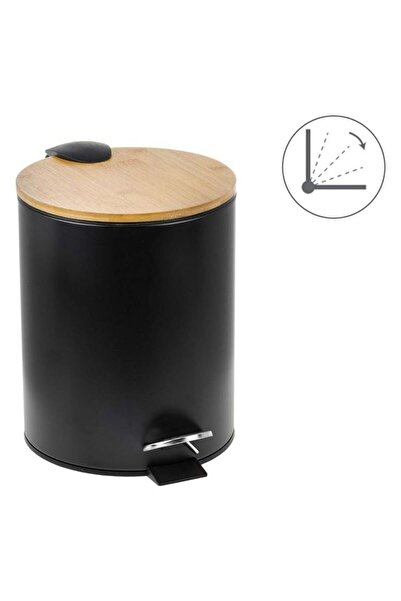 CATIANO Cos de Gunoi Metalic Negru Mat cu Capac din Bambus 5L