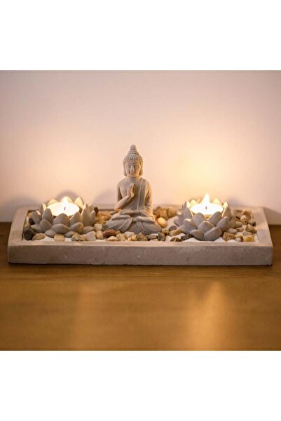CATIANO Set Decorativ cu Baza din Ciment Figurina Buddha & Lumanare Pastila 3...