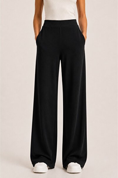 Grenj Fashion Black Soft Touch High Waist Wide Leg Modal Pants with Pockets