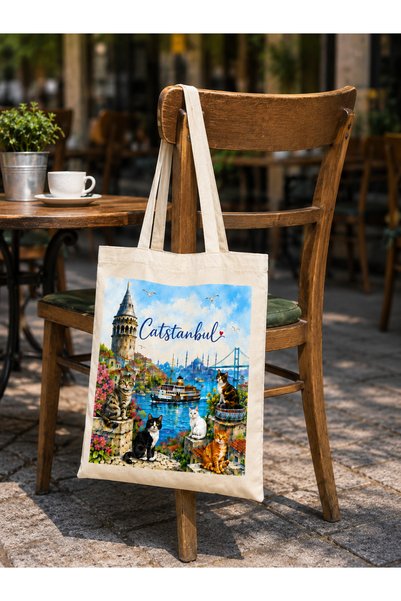 Tomris Hatun Catstanbul, Istanbul Themed; Raw Fabric Bag, Sublimation Printing, Shoulder Bag, Shopping Bag