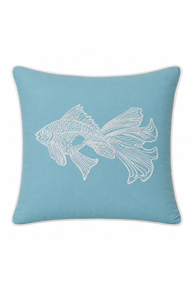 Balık Nakışlı Turkuaz renk Kırlent Kılıfı 50 x 50 cm Biyeli