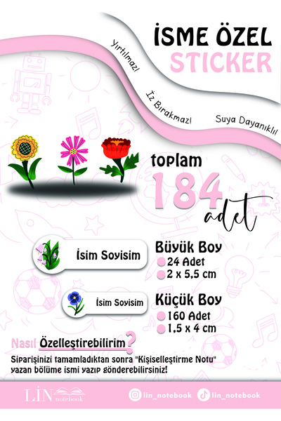 lin notebook Çiçekli İsme Özel Sticker Kalem Defter Okul Etiketi, Sudan Etkil...