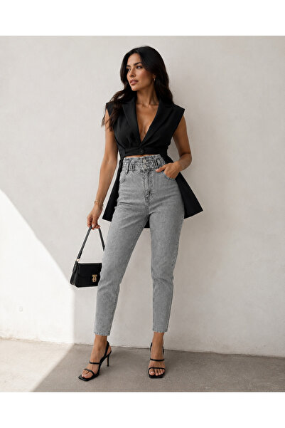 SHEVEGA Women's Gray High Waist Belted Drawstring Double Button Mom Jeans Den...