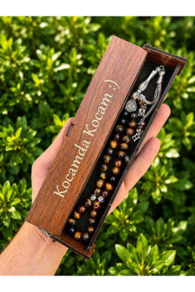 KANUNİ TESBİH Tiger's Eye Stone Prayer Beads with Wooden Box and Letters
