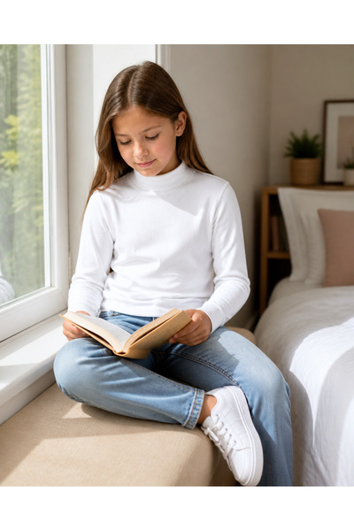 İncili Tekstil Children's School Season 100% Cotton White Half Turtleneck Bas...