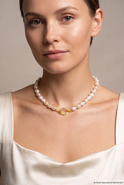 So CHIC... Venüs 18 Ayar Sarı Altın Kaplama 40 Cm Gümüş Choker İnci Kolye