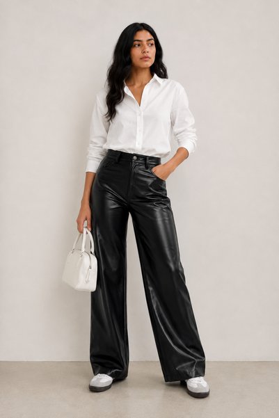 SHEVEGA Women's Black Elastic Waist High Waist Wide Leg Leather Trousers