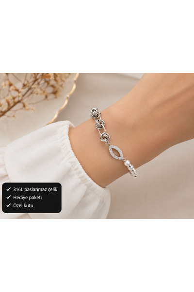 HER ŞEY NOTA www.herseynota.com Steel Women's Bracelet with Chain and Pearl D...