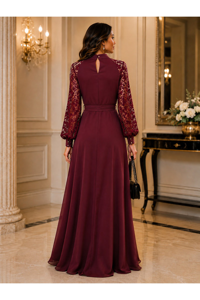 Modayakamoz Elegant Invitation Elegance |   New Season Women's Lace Sleeve Turtleneck Slit Belted Long Crepe Dress