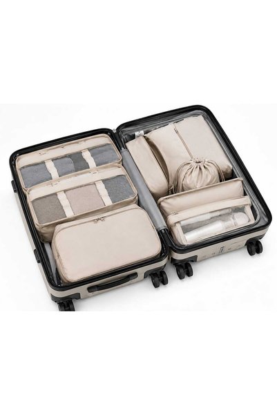 Nevara 9-Piece Multi-Size Travel Bag Organizers Set - Zippered and Mesh Clothing, Shoe, and Toiletry Organizers for Travel and Storage - Beige
