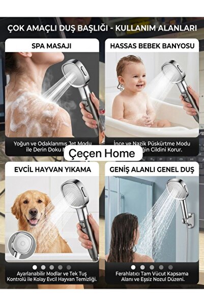 ÇEÇEN HOME Gri Krom Kare Duş Başlığı - Durdurma Butonlu Tazyikli Banyo Masaj ...