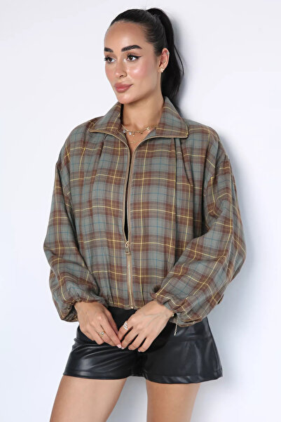 TOZLU Haki Perry Women's Plaid Patterned Seasonal Coat with Elastic Waist and...