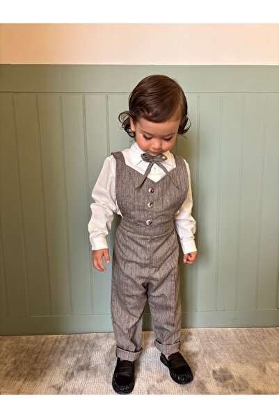 favorimkids Milano Gray Striped Jumpsuit & Cotton Shirt Bow 3-Piece Set