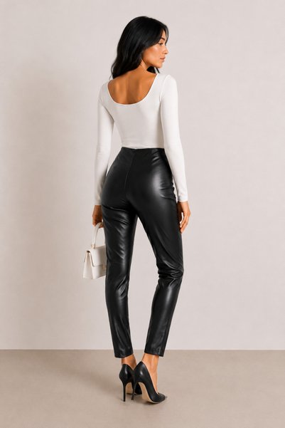SHEVEGA Kadın Siyah Yüksek Bel Slim Fit Dar Paça Deri Pantolon
