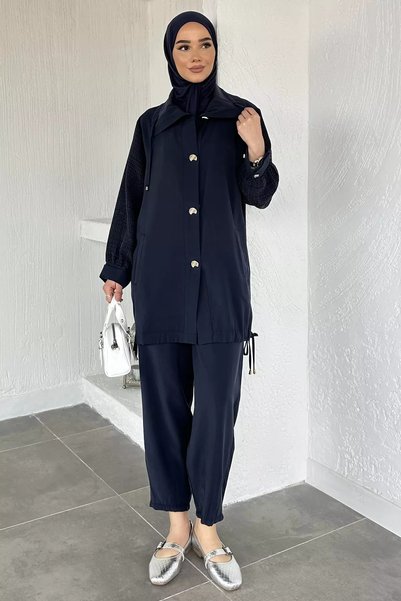 TOZLU Navy Blue Puane Gold Buttoned Hijab Tunic and Elastic Waist Pants Doubl...