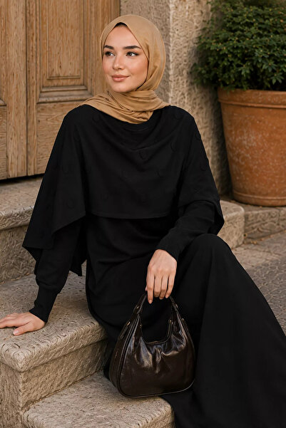 TOZLU Black Rose Flower Detailed Hijab Dress with Cape