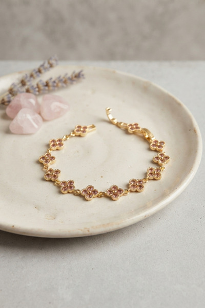 Clariss Gold Color Pink Zircon Stone Clover Model Women's Bracelet
