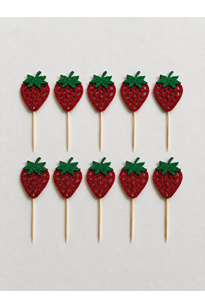 Çilek Simli Cupcake Kürdanı Doğum Günü Parti ve Pasta Süsü 10 lu 5cm