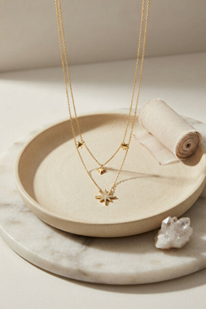 Clariss Brass Gold Color Zircon Stone Pole Star Model 2-Piece Women's Necklace