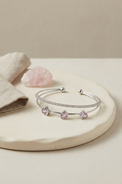 Clariss Pink Heart Model Zircon Stone Silver Color Women's Bracelet