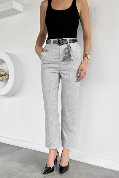 TOZLU Gray Women's Belted Trousers with Accessory Detail