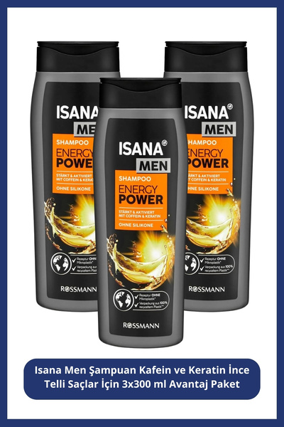 ISANA Men Şampuan Kafein ve Keratin İnce Telli Saçlar İçin 3x300 ml Avantaj P...