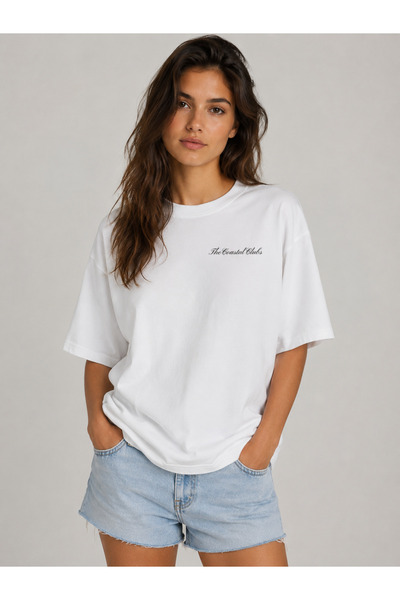 The Vibe Concept Women's Oversize White Surfboard Back Print T-Shirt – the Coastal Clubs