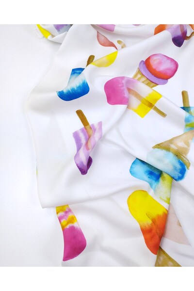 Kumaş Parça White with Ice Cream Pattern Thin Draped Viscose Voile Woven Fabr...