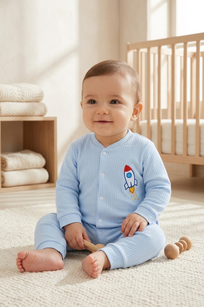 BABYİLAY Erkek Bebek Mavi Roket Nakışlı Fitilli Kaşkorse Boydan Çıtçıtlı Uzun...