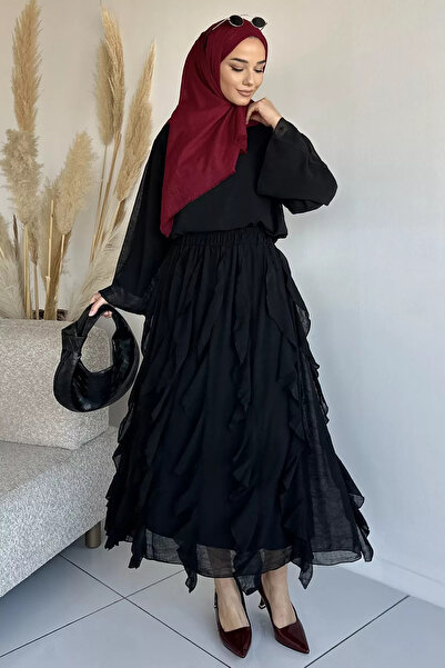 TOZLU Black Lined Ruffle Detailed Chiffon Skirt Blouse Double Set