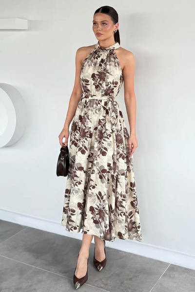 TOZLU Stone Brown Women's Halter Neck Patterned Dress