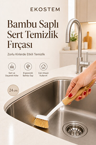 Ekostem Bamboo Handle Hard Tip Sink Tile Cleaning Brush Multi-Purpose Kitchen...