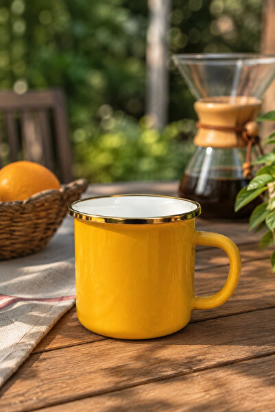 Genel Markalar Emaye Sarı Kulplu Mug Bardak - Kamp Kupası 550 ml