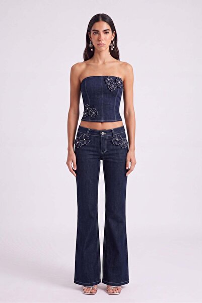 HOLLY LOLLY Floral Detailed Low Waist Flare Clover Jean Trousers Navy Blue