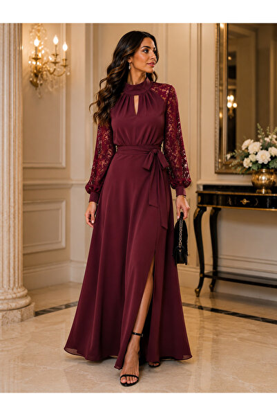 Viyamo Invitation Elegance |   New Season Women's Lace Sleeve Turtleneck Slit Belted Long Crepe Dress