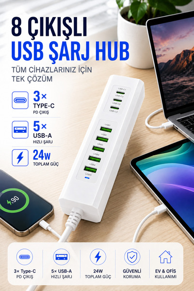 asua Hızlı Şarjlı 8 Port USB Hub Çoklayıcı 3x Type-C 5x USB Çıkışlı 24W 220V ...