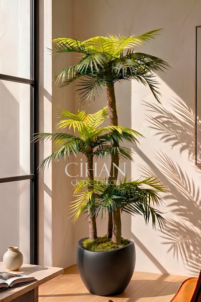 Cihan Çiçekçilik Premium 32*28.5 Lale Saksılı 170 cm 3 Gövdeli Yapay Palmiye ...